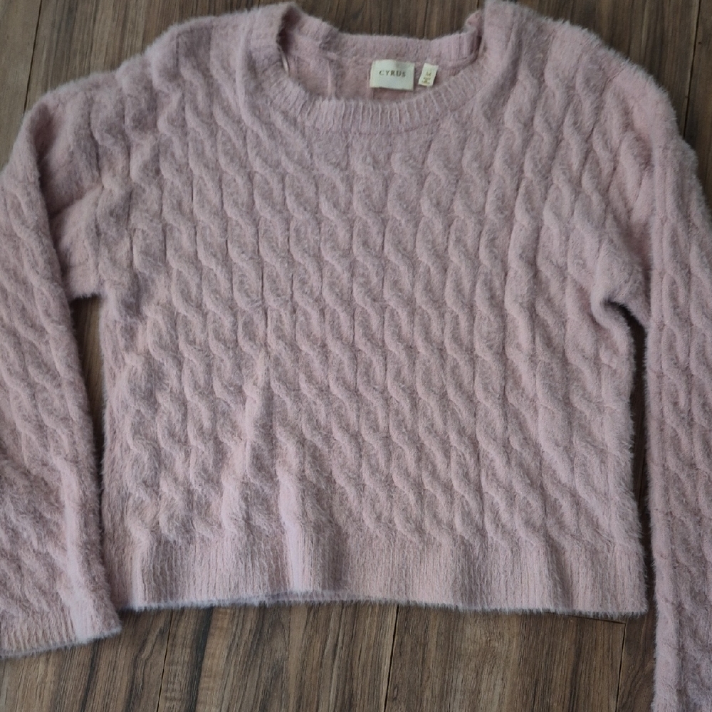 Cyrus Soft Blush Pink Cable Fuzzy Crewneck Sweater